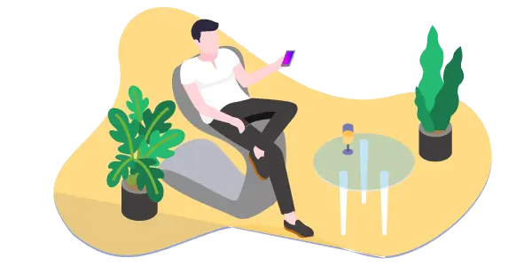 ilustração: homem sentado em uma poltrona vendo seus investimentos pelo celular